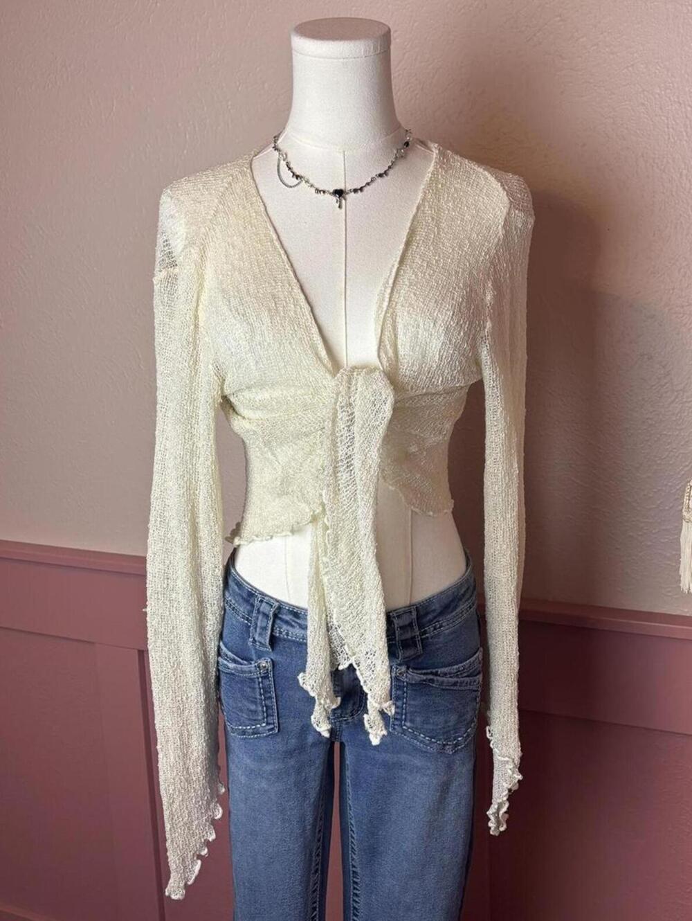 fairy asymmetrical top boho cottage knit wrap cardigan crop vitrin cream white